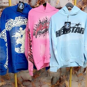 Graphic Hoodies in Blue, Pink, and Light Blue